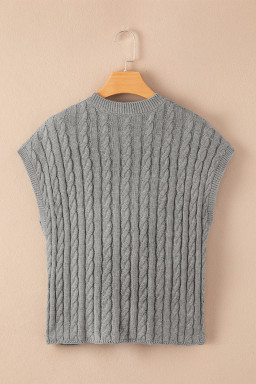Gray Solid Cable Knit Short Sleeve Roun Neck Sweater