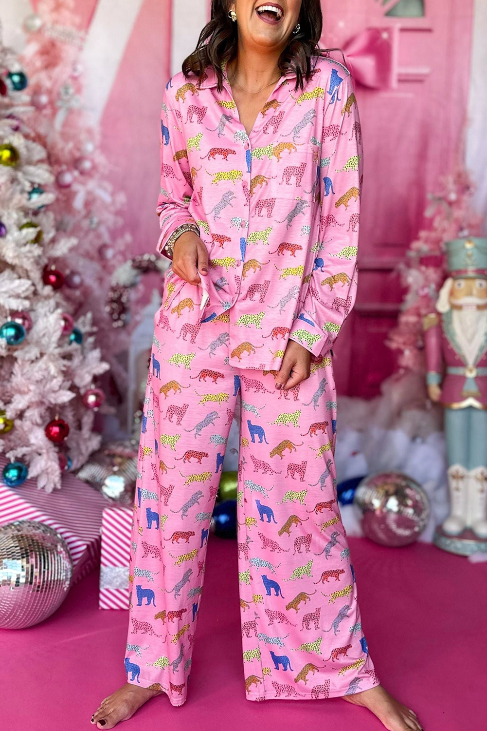 Pink Cheetah Print Shirt and Wide Leg Pants Pajama Set | Shewin Wholesale