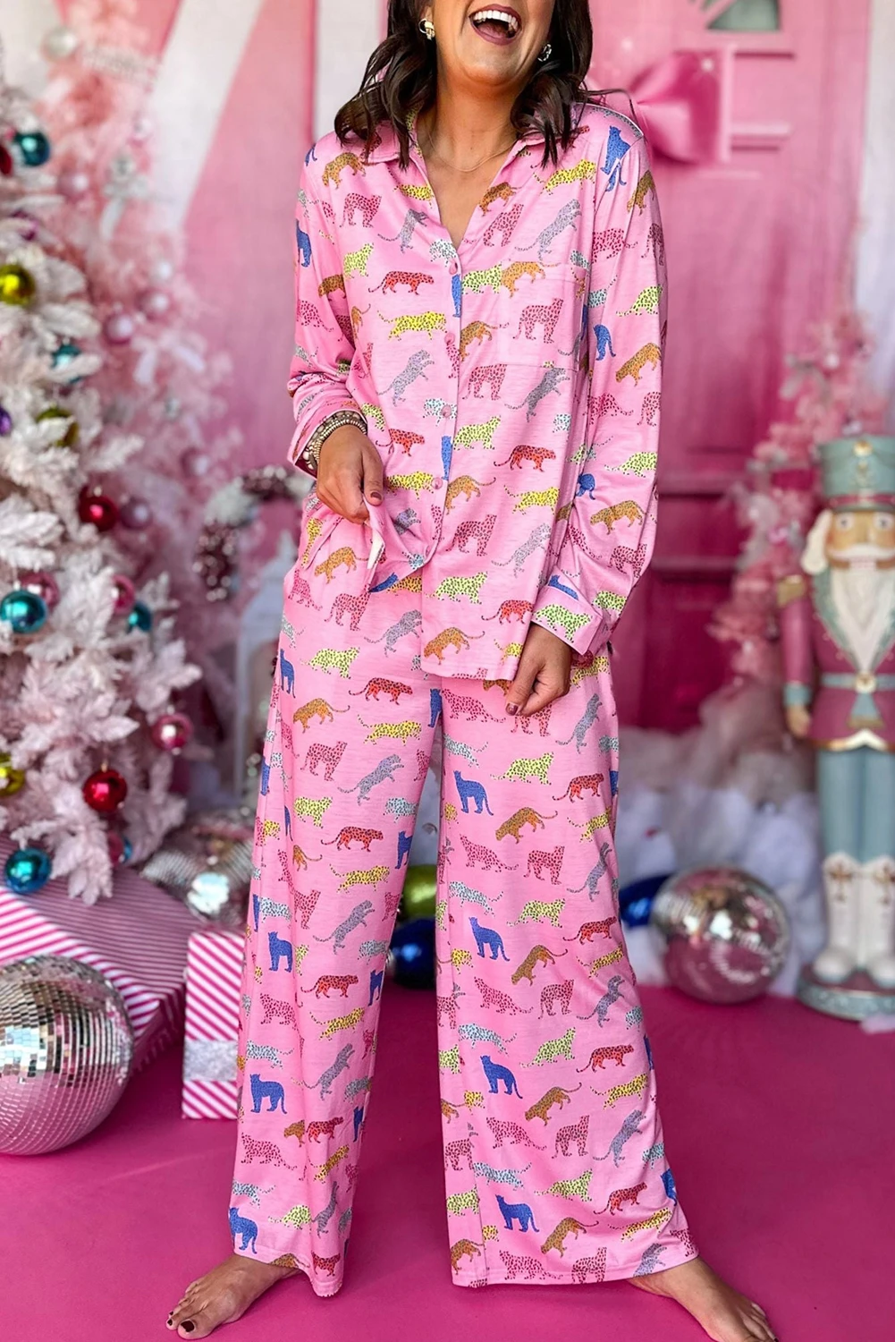 Pink Cheetah Print Pajama Set For Comfort main image 1