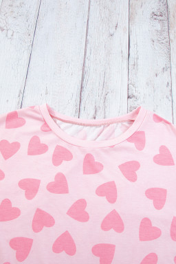 Pink Heart Print Long Sleeve Top and Shorts Loungewear Set