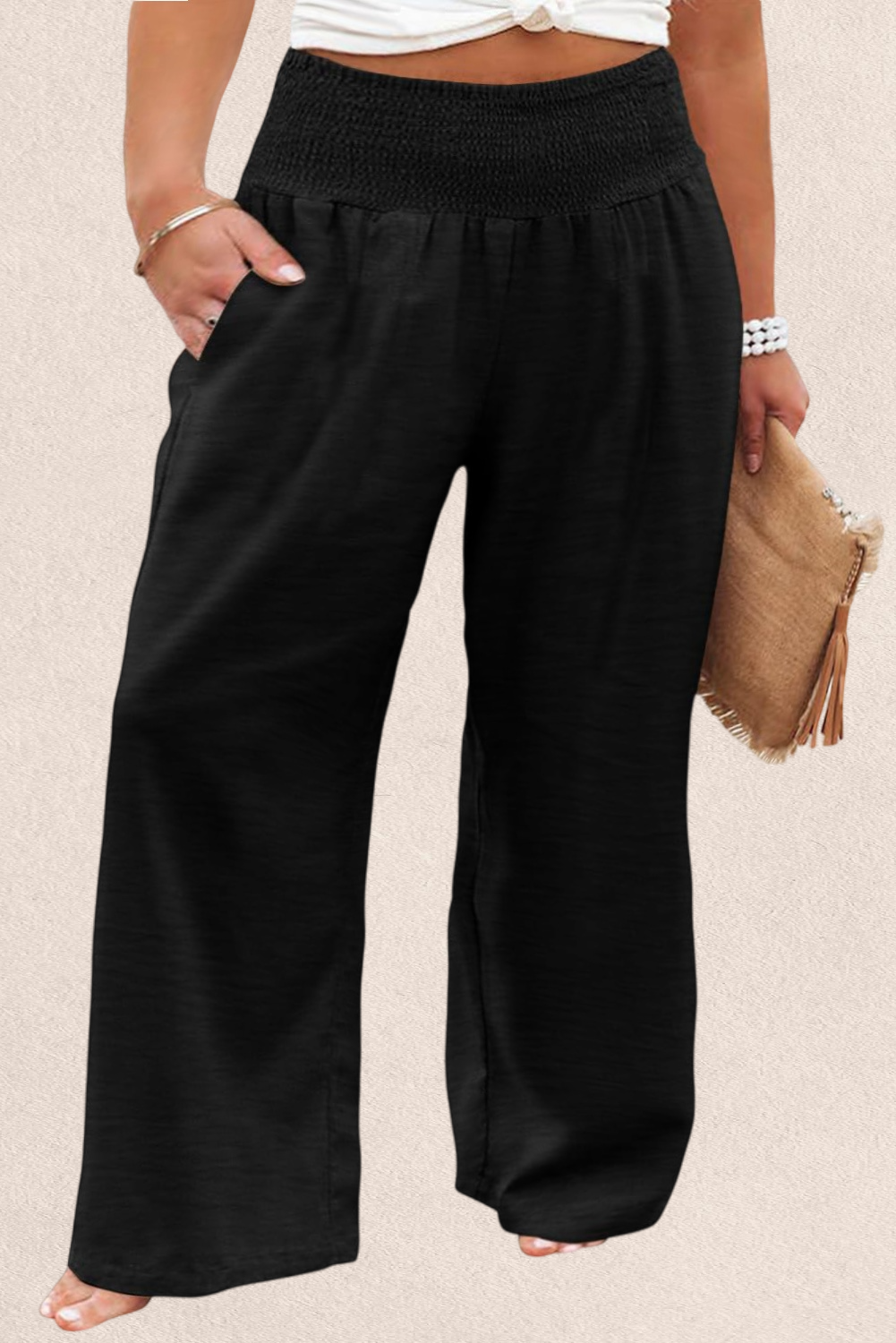 Shewin Wholesale Spring Black Shirred High Waist Plus Size Wide Leg PANTS