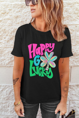 Black Happy GO Lucky Clover Graphic Crew Neck T Shirt