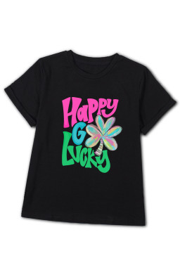 Black Happy GO Lucky Clover Graphic Crew Neck T Shirt