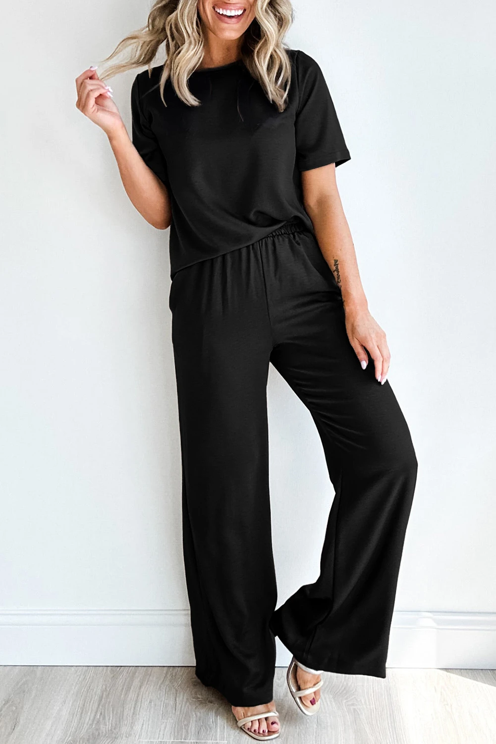 Black Solid Color T Shirt And Wide Leg Pants Set 5220