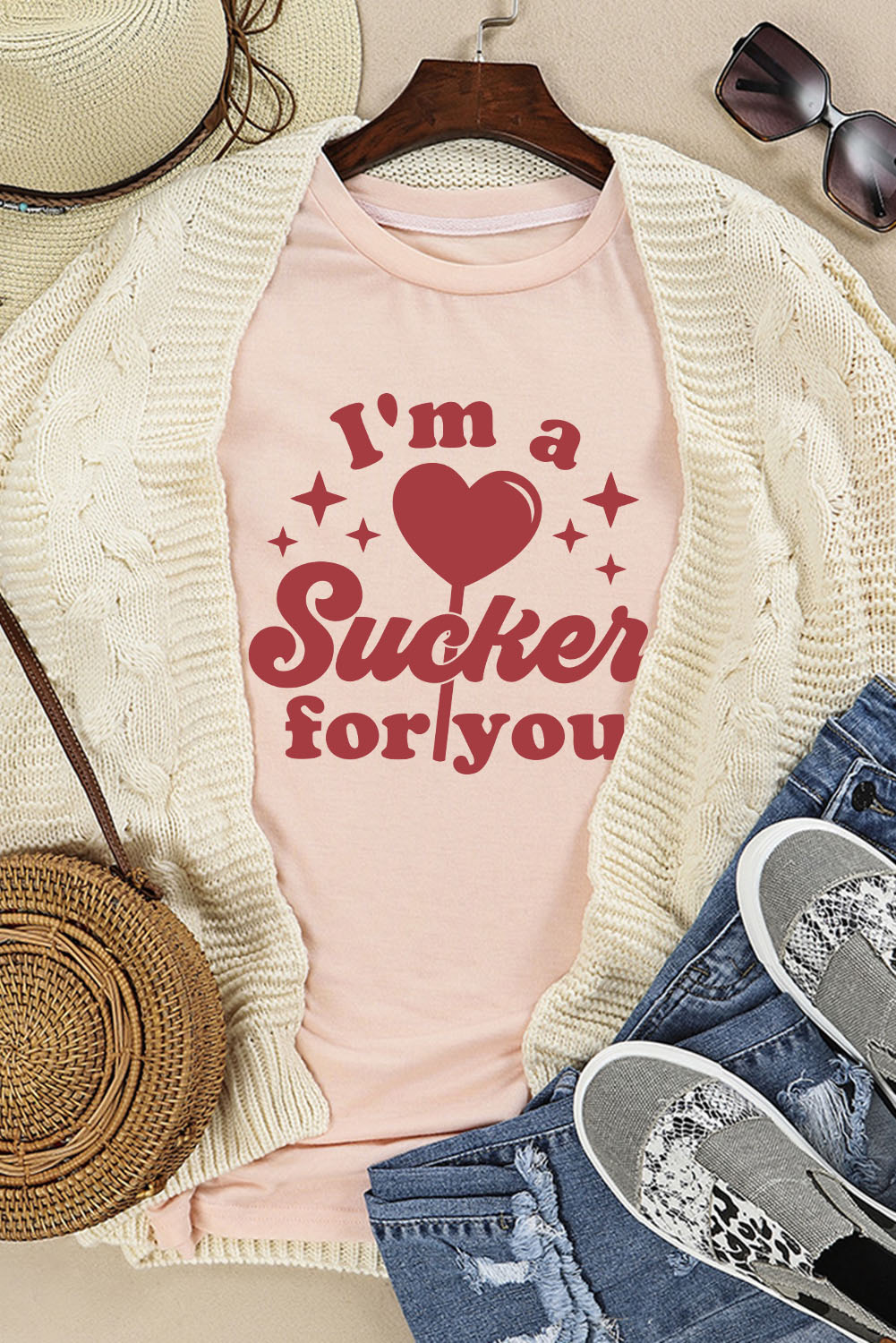 Pink Valentines Im a Sucker for you Slogan Heart Graphic Tee