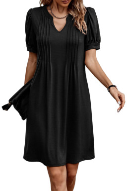 Black Notched Neck Puff Sleeve Pleated T Shirt Dress