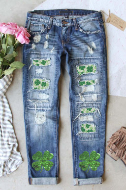 Sky Blue St Patricks Clover Graphic Patchwork Sequin Distressed Jeans