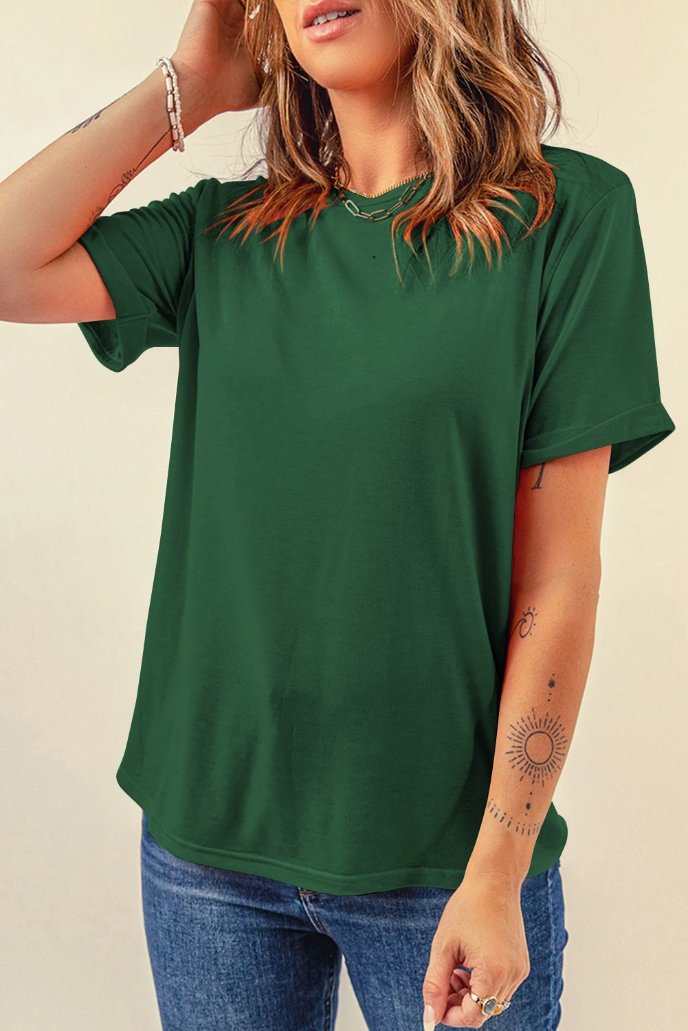 Green Solid Color Basic Crew Neck Plain Tee