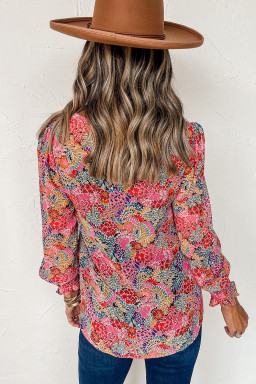 Multicolor Floral Print Smocked Cuffs Long Sleeve Blouse