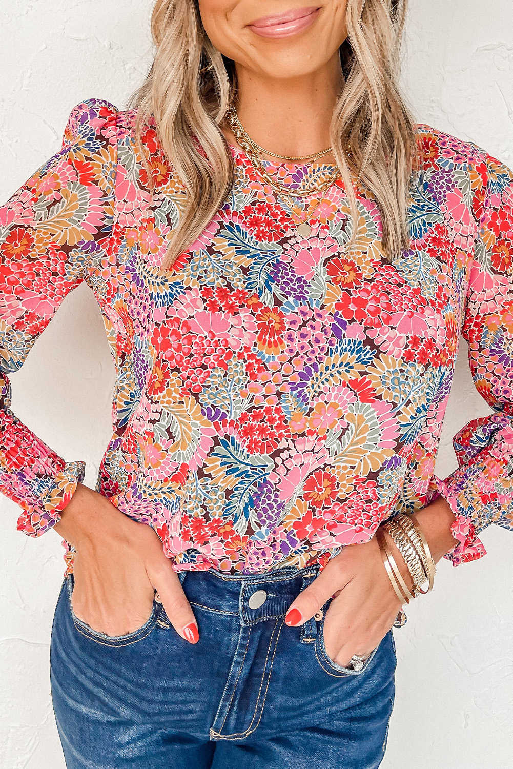 Multicolor Floral Print Smocked Cuffs Long Sleeve Blouse