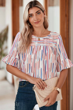 White Abstract Print Ruffle Half Sleeve Blouse
