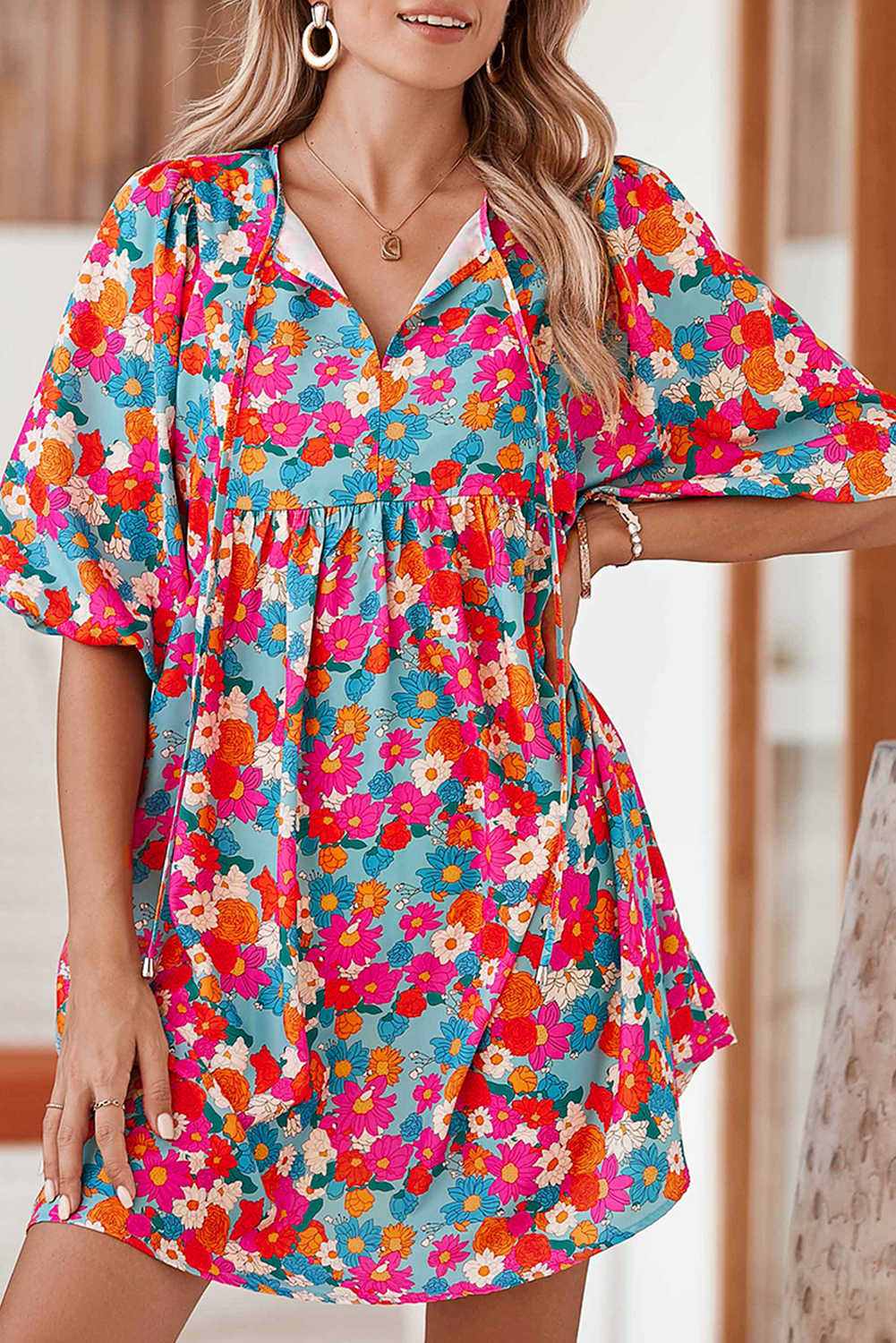 Sky Blue Boho Floral Print V Neck Lantern Sleeve Babydoll Dress