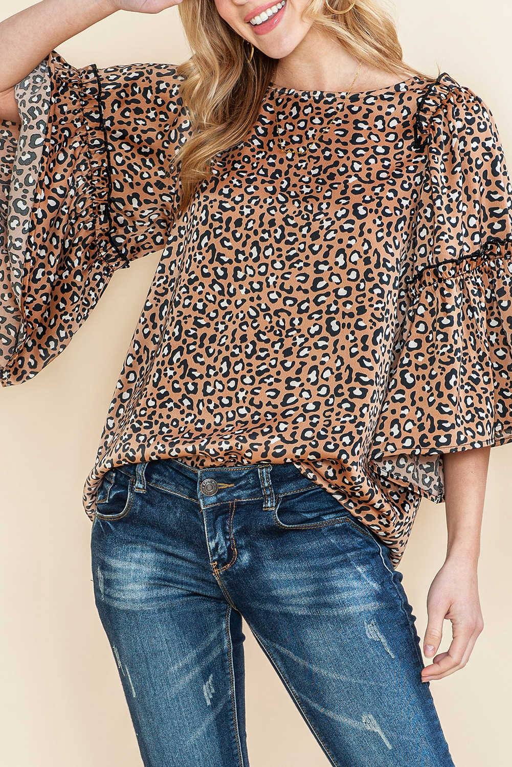 Chestnut Leopard Ruffle Flounce Sleeve Blouse