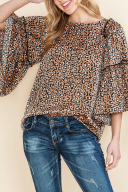 Chestnut Leopard Ruffle Flounce Sleeve Blouse