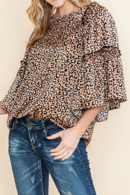 Chestnut Leopard Ruffle Flounce Sleeve Blouse