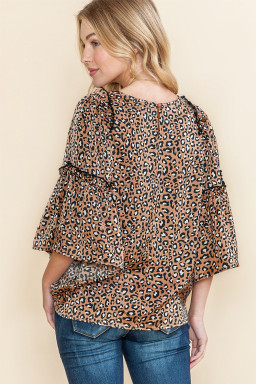 Chestnut Leopard Ruffle Flounce Sleeve Blouse