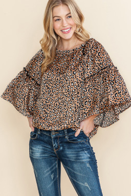 Chestnut Leopard Ruffle Flounce Sleeve Blouse