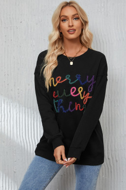 Black Every Thing Glitter Letter Christmas Sweatshirt