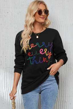 Black Every Thing Glitter Letter Christmas Sweatshirt