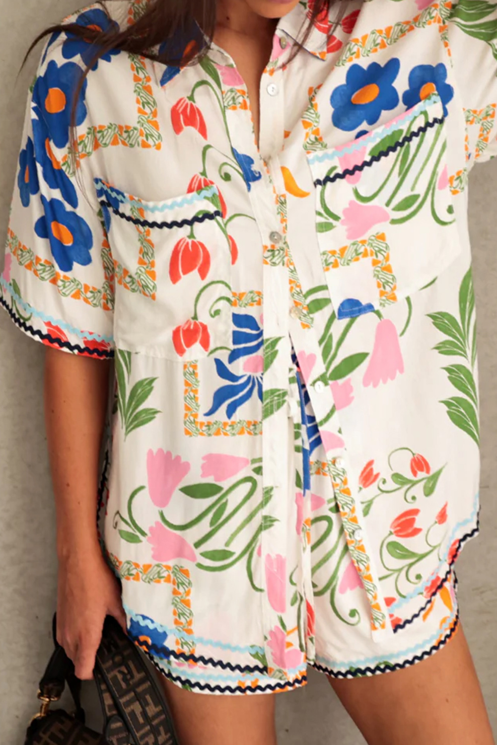 White Floral Long Sleeve Henley Top and Drawstring Shorts Set main image 0