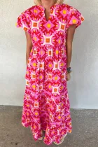 Strawberry Pink Abstract Print Pleated Flounce Sleeve Maxi Dress