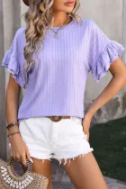 Orchid Solid Color Textured Layered Ruffle Sleeve T Shirt
