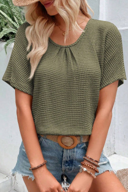 Moss Green Guipure Lace Splicing Back Waffle T Shirt