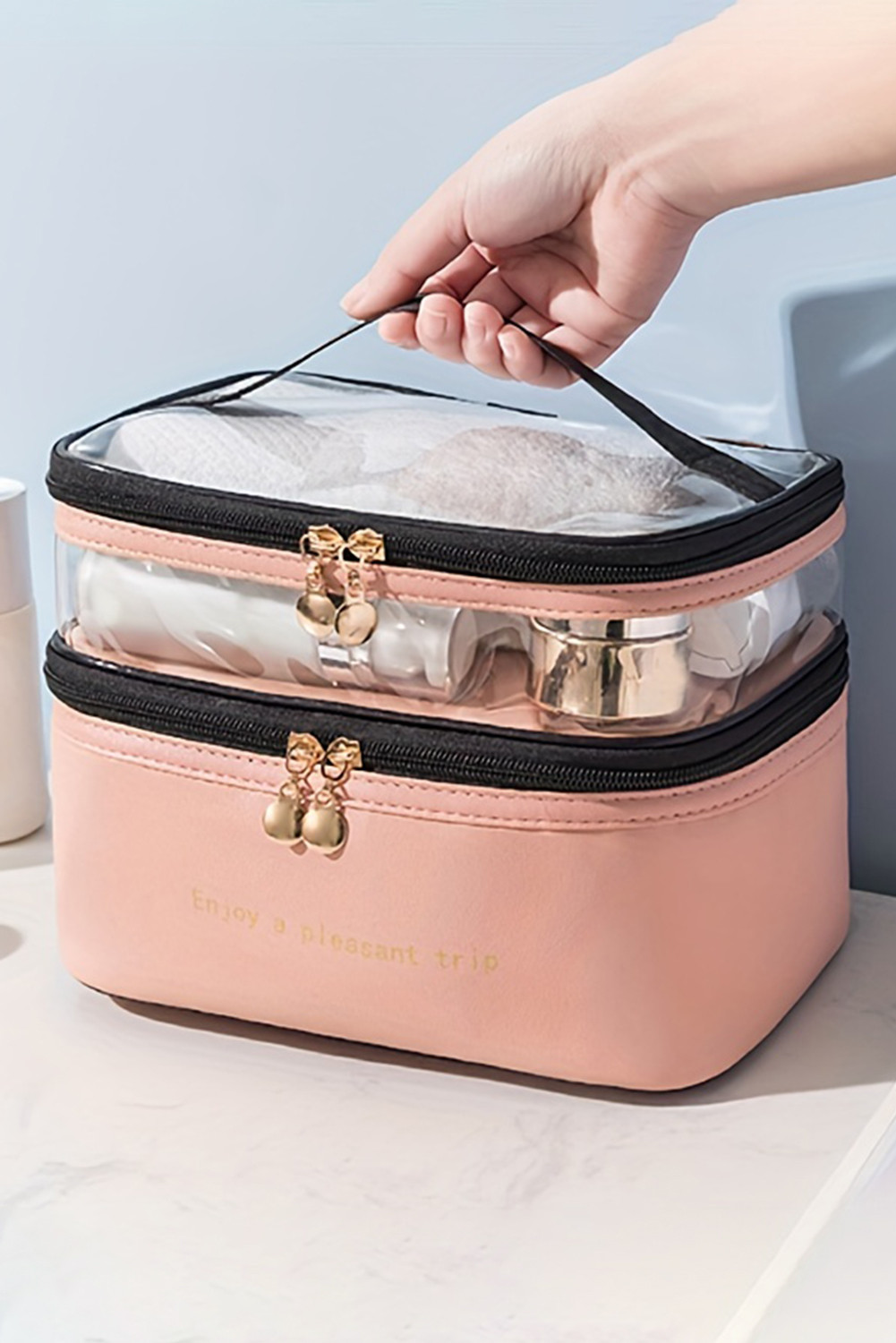 Pink Waterproof PVC Double Layer PU Cosmetic Bag