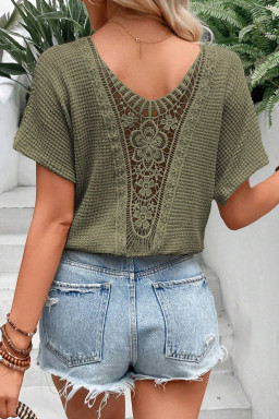 Moss Green Guipure Lace Splicing Back Waffle T Shirt
