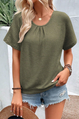 Moss Green Guipure Lace Splicing Back Waffle T Shirt