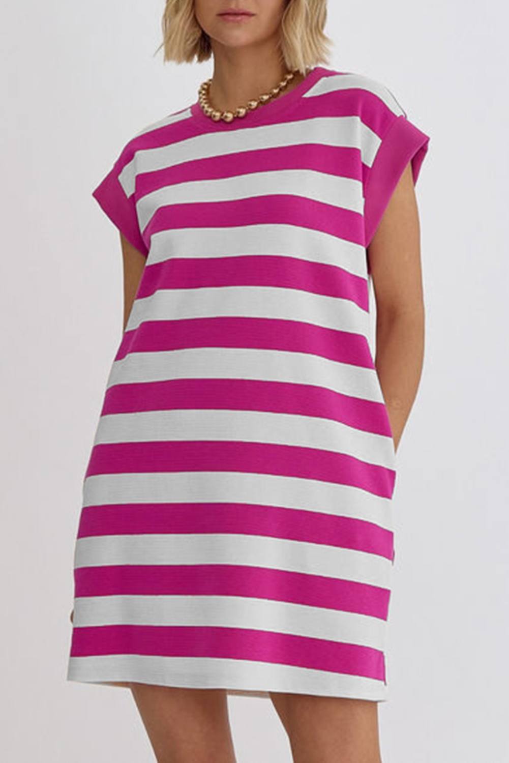 Shewin Wholesale Elegant Rose Stripe Cap Sleeve Pocketed T-SHIRT Dress