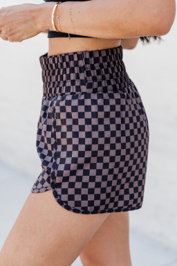 Brown Plaid Print High Waisted Athletic Shorts