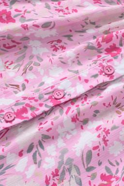 Pink Floral Button Notch Neck Ruffle Sleeve Blouse