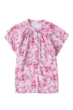 Pink Floral Button Notch Neck Ruffle Sleeve Blouse