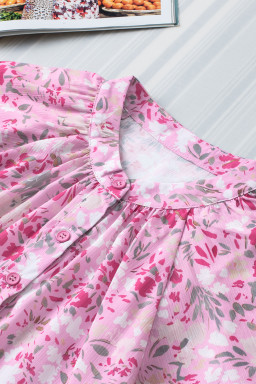 Pink Floral Button Notch Neck Ruffle Sleeve Blouse
