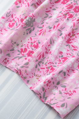 Pink Floral Button Notch Neck Ruffle Sleeve Blouse