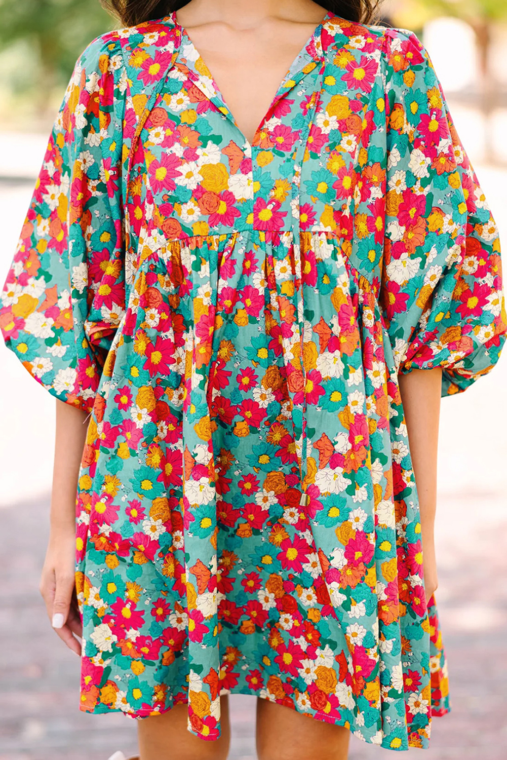 Boho Floral V Neck Lantern Sleeve Babydoll Dress