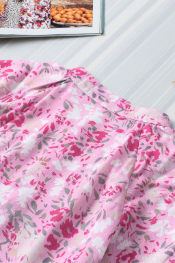 Pink Floral Button Notch Neck Ruffle Sleeve Blouse