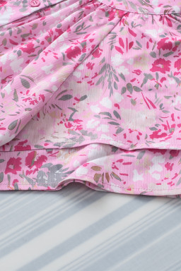Pink Floral Button Notch Neck Ruffle Sleeve Blouse