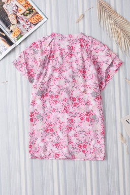 Pink Floral Button Notch Neck Ruffle Sleeve Blouse
