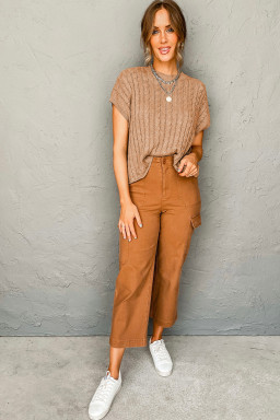 Light French Beige Solid Color Cable Knit Short Sleeve Sweater