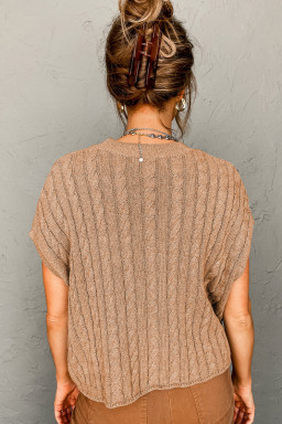 Light French Beige Solid Color Cable Knit Short Sleeve Sweater