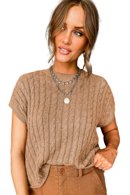 Light French Beige Solid Color Cable Knit Short Sleeve Sweater