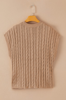 Light French Beige Solid Color Cable Knit Short Sleeve Sweater