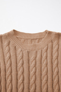 Light French Beige Solid Color Cable Knit Short Sleeve Sweater