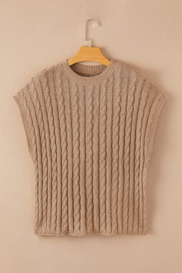 Light French Beige Solid Color Cable Knit Short Sleeve Sweater