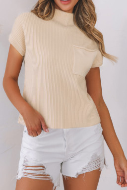 Oatmeal Patch Pocket Ribbed Knit Short Sleeve Sweater