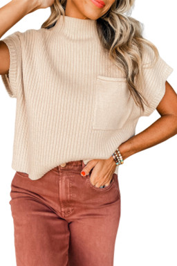 Oatmeal Patch Pocket Ribbed Knit Short Sleeve Sweater