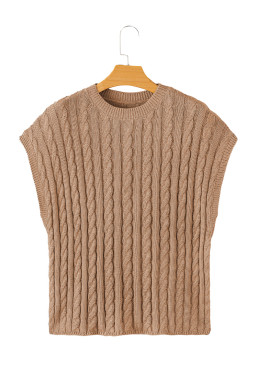 Light French Beige Solid Color Cable Knit Short Sleeve Sweater