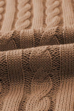 Light French Beige Solid Color Cable Knit Short Sleeve Sweater